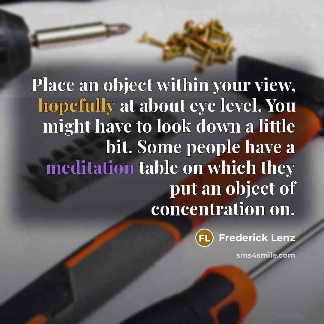 “Place an object within your view, hopefully at about eye level. You might have to look down a little bit. Some people have a meditation table on which they put an object of concentration on.” quote by Frederick Lenz