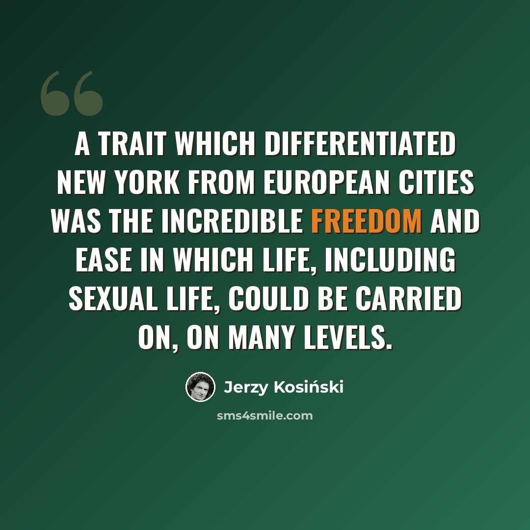 “A trait which differentiated New York from European cities was the incredible freedom and ease in which life, including sexual life, could be carried on, on many levels.” quote by Jerzy Kosinski