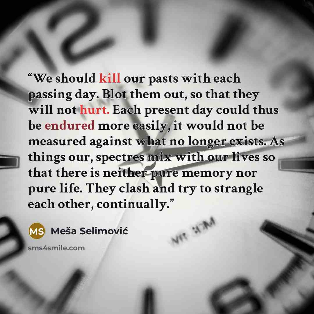 “We should kill our pasts with each passing day. Blot them out, so that they will not hurt. Each present day could thus be endured more easily, it would not be measured against what no longer exists. As things our, spectres mix with our lives so that there is neither pure memory nor pure life. They…” quote by Meša Selimović