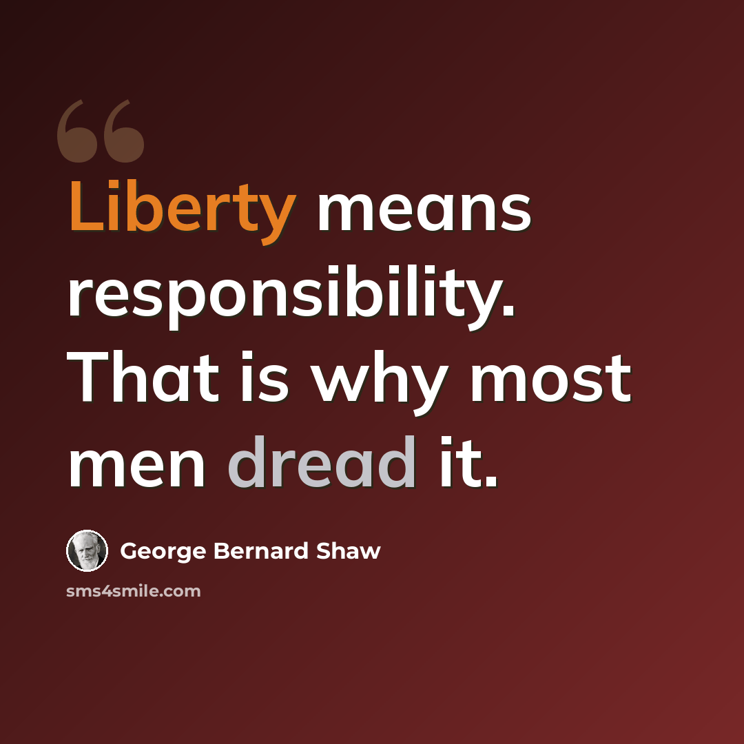 “Liberty means responsibility. That is why most men dread it.” quote by George Bernard Shaw