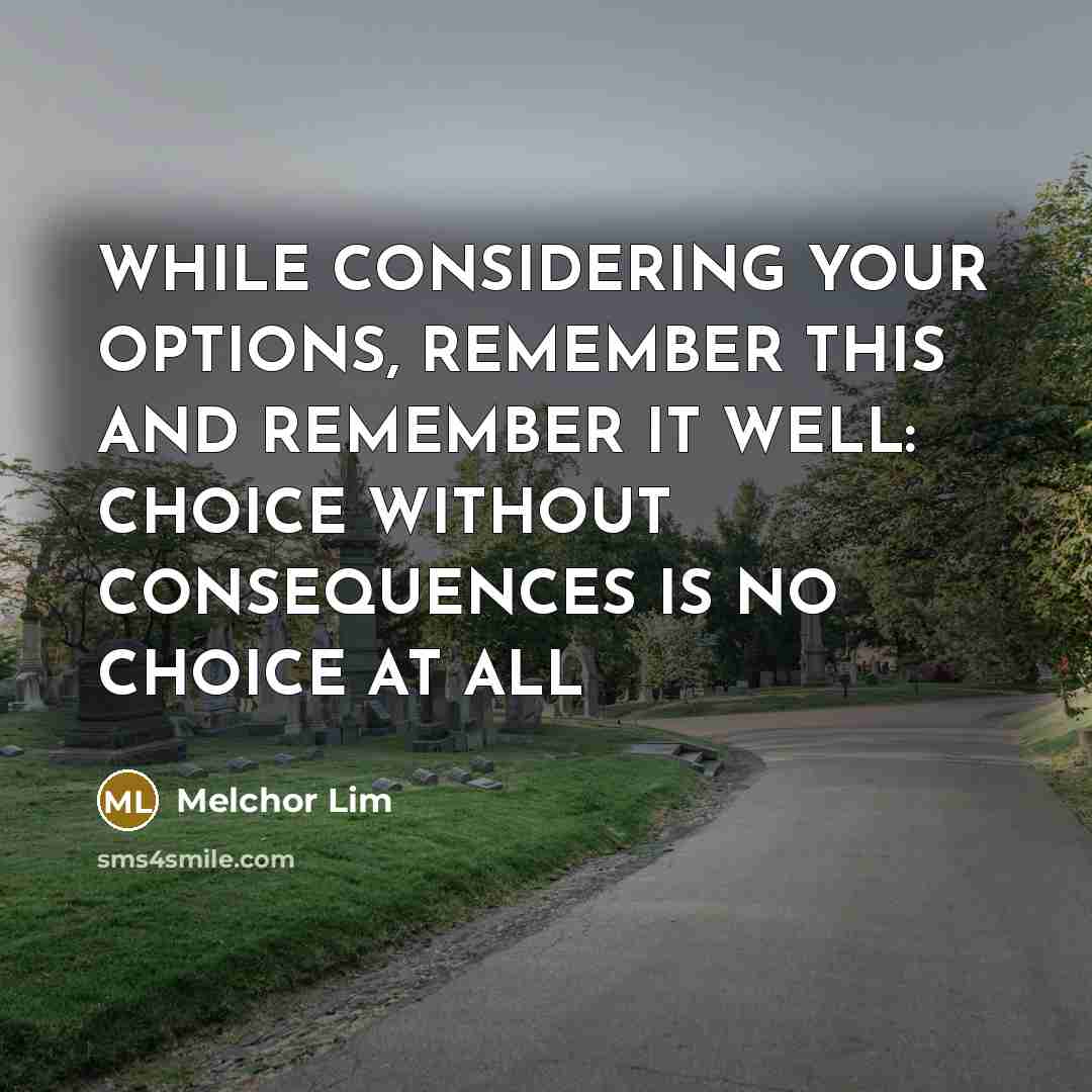 “WHILE CONSIDERING YOUR OPTIONS, REMEMBER THIS AND REMEMBER IT WELL: CHOICE WITHOUT CONSEQUENCES IS NO CHOICE AT ALL” quote by Melchor Lim