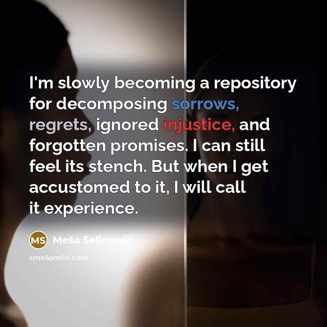“I'm slowly becoming a repository for decomposing sorrows, regrets, ignored injustice, and forgotten promises. I can still feel its stench. But when I get accustomed to it, I will call it experience.” quote by Mesa Selimovic