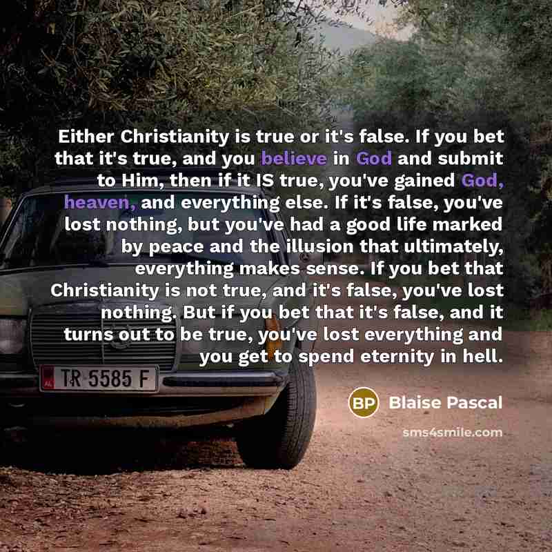 “Either Christianity is true or it's false. If you bet that it's true, and you believe in God and submit to Him, then if it IS true, you've gained God, heaven, and everything else. If it's false, you've lost nothing, but you've had a good life marked by peace and the illusion that ultimately…” quote by Blaise Pascal