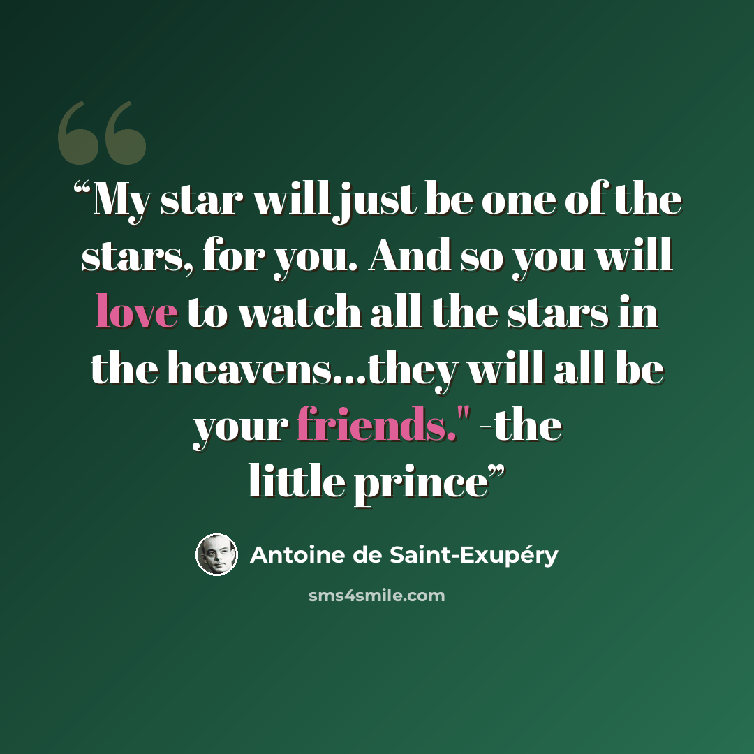 “My star will just be one of the stars, for you. And so you will love to watch all the stars in the heavens...they will all be your friends." -the little prince” quote by Antoine de Saint-Exupéry
