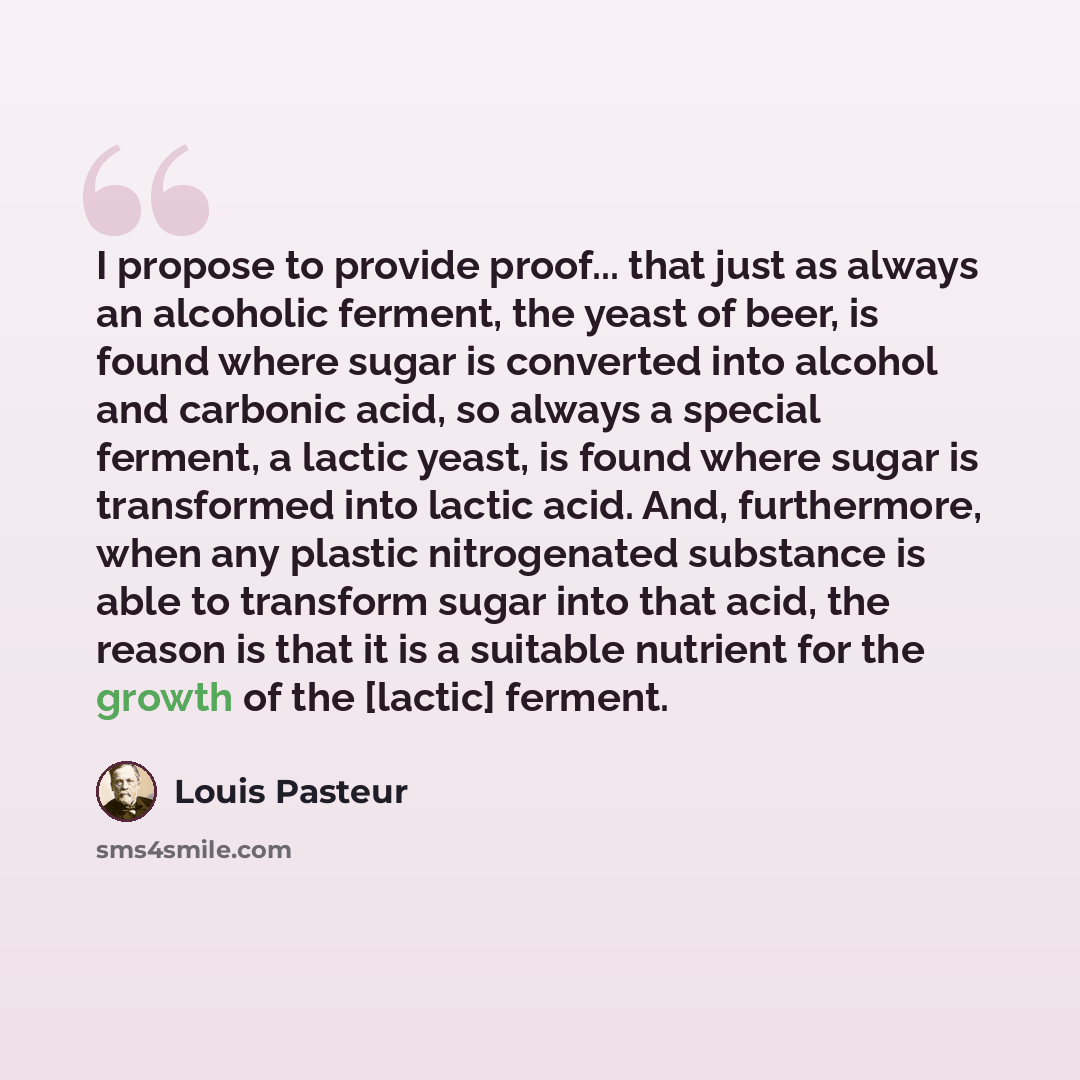 “I propose to provide proof... that just as always an alcoholic ferment, the yeast of beer, is found where sugar is converted into alcohol and carbonic acid, so always a special ferment, a lactic yeast, is found where sugar is transformed into lactic acid. And, furthermore, when any plastic…” quote by Louis Pasteur