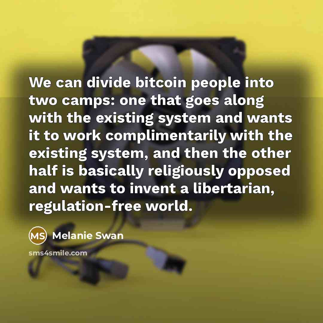 “We can divide bitcoin people into two camps: one that goes along with the existing system and wants it to work complimentarily with the existing system, and then the other half is basically religiously opposed and wants to invent a libertarian, regulation-free world.” quote by Melanie Swan