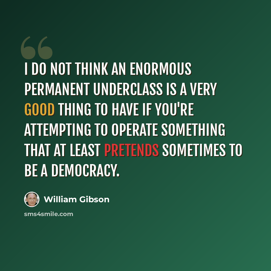 “I do not think an enormous permanent underclass is a very good thing to have if you're attempting to operate something that at least pretends sometimes to be a democracy.” quote by William Gibson
