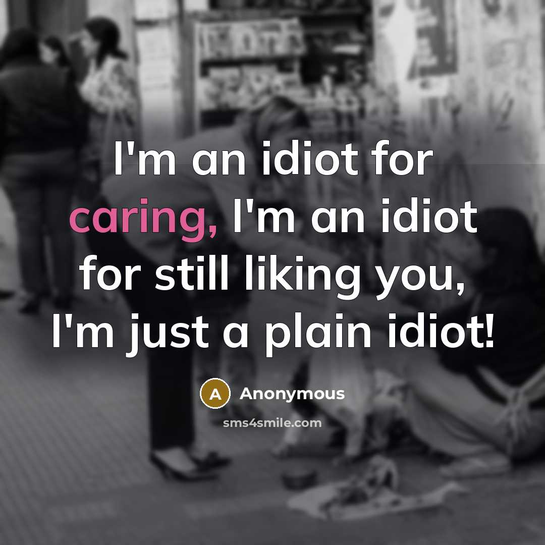 “I'm an idiot for caring, I'm an idiot for still liking you, I'm just a plain idiot!” quote by Anonymous