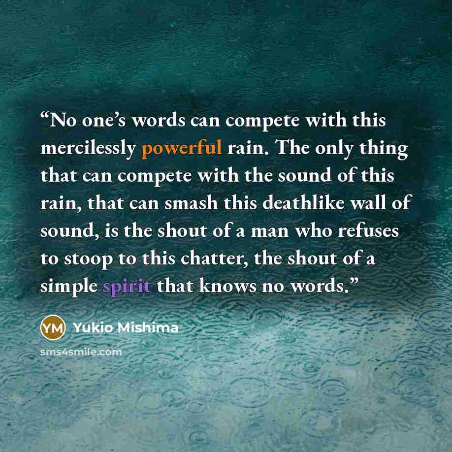 “No one’s words can compete with this mercilessly powerful rain. The only thing that can compete with the sound of this rain, that can smash this deathlike wall of sound, is the shout of a man who refuses to stoop to this chatter, the shout of a simple spirit that knows no words.” quote by Yukio Mishima