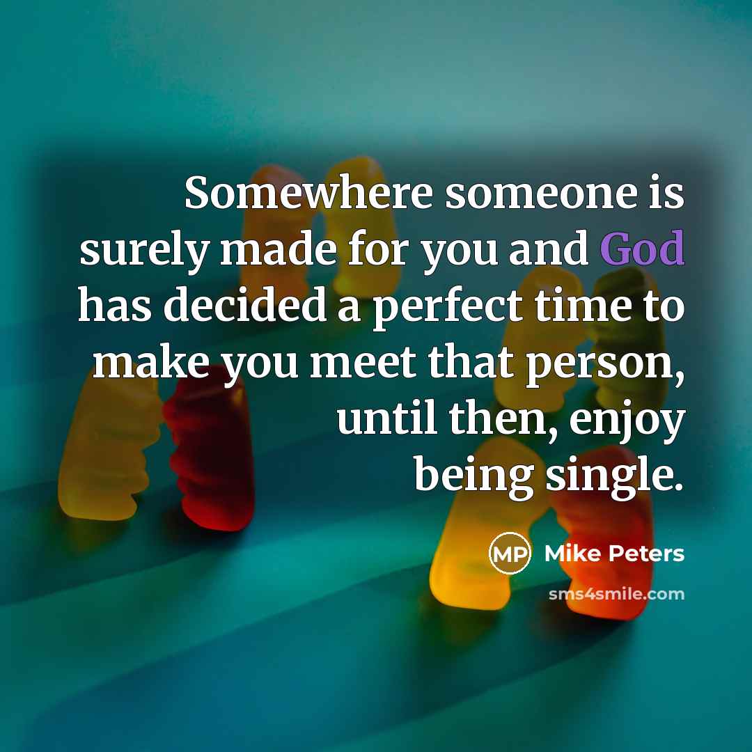 “Somewhere someone is surely made for you and God has decided a perfect time to make you meet that person, until then, enjoy being single.” quote by Mike Peters