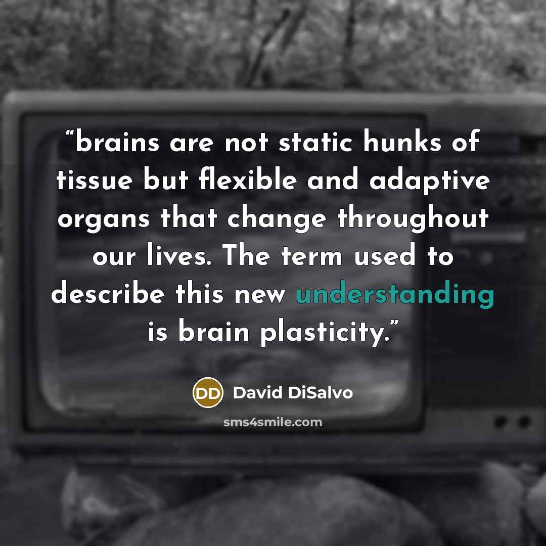 “brains are not static hunks of tissue but flexible and adaptive organs that change throughout our lives. The term used to describe this new understanding is brain plasticity.” quote by David DiSalvo