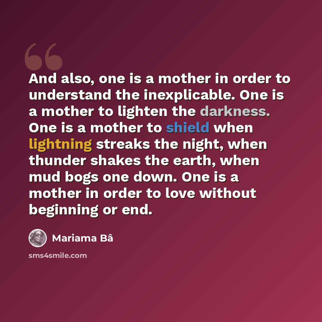 “And also, one is a mother in order to understand the inexplicable. One is a mother to lighten the darkness. One is a mother to shield when lightning streaks the night, when thunder shakes the earth, when mud bogs one down. One is a mother in order to love without beginning or end.” quote by Mariama Bâ