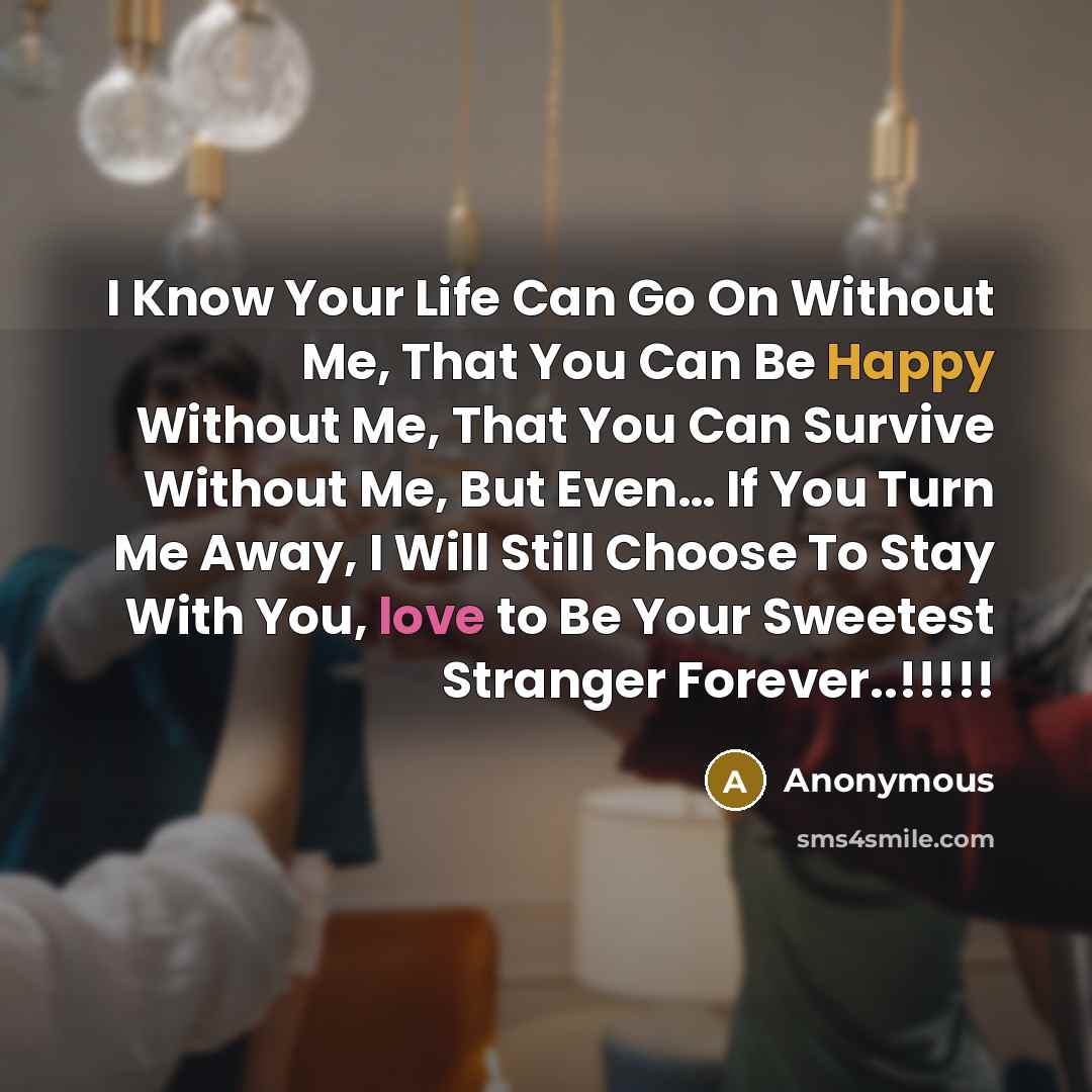 “I Know Your Life Can Go On Without Me, That You Can Be Happy Without Me, That You Can Survive Without Me, But Even… If You Turn Me Away, I Will Still Choose To Stay With You, love to Be Your Sweetest Stranger Forever..!!!!!” quote by Anonymous
