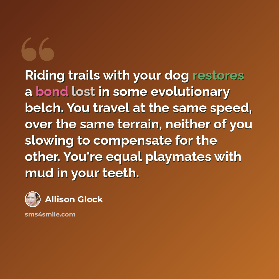 “Riding trails with your dog restores a bond lost in some evolutionary belch. You travel at the same speed, over the same terrain, neither of you slowing to compensate for the other. You're equal playmates with mud in your teeth.” quote by Allison Glock