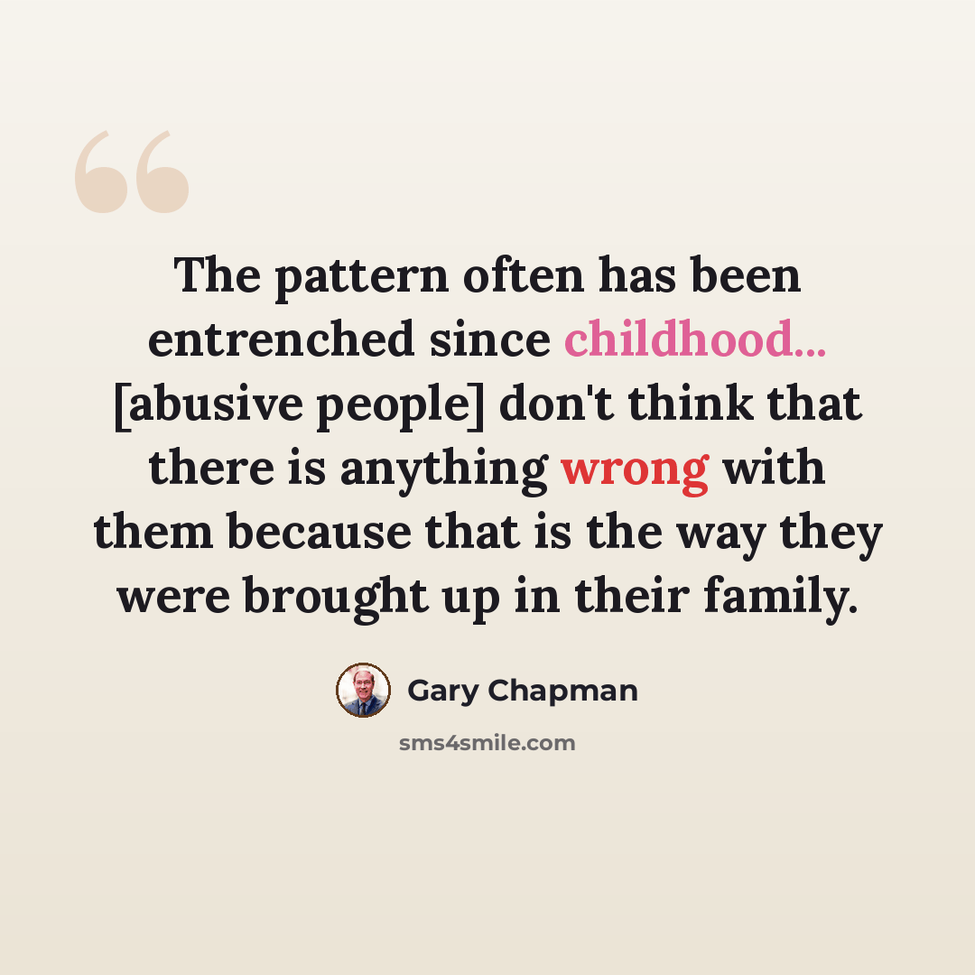 “The pattern often has been entrenched since childhood... [abusive people] don't think that there is anything wrong with them because that is the way they were brought up in their family.” quote by Gary Chapman