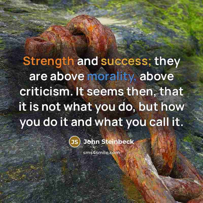 “Strength and success; they are above morality, above criticism. It seems then, that it is not what you do, but how you do it and what you call it.” quote by John Steinbeck