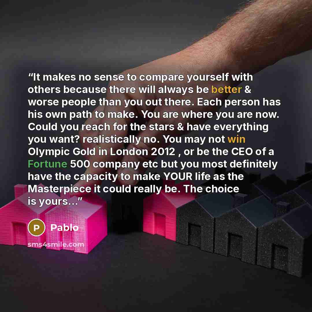“It makes no sense to compare yourself with others because there will always be better & worse people than you out there. Each person has his own path to make. You are where you are now. Could you reach for the stars & have everything you want? realistically no. You may not win Olympic Gold in…” quote by Pablo