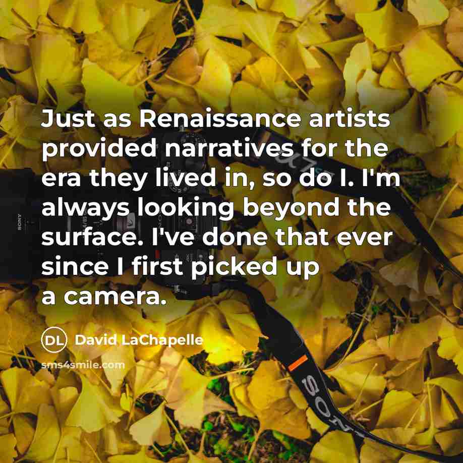 “Just as Renaissance artists provided narratives for the era they lived in, so do I. I'm always looking beyond the surface. I've done that ever since I first picked up a camera.” quote by David LaChapelle