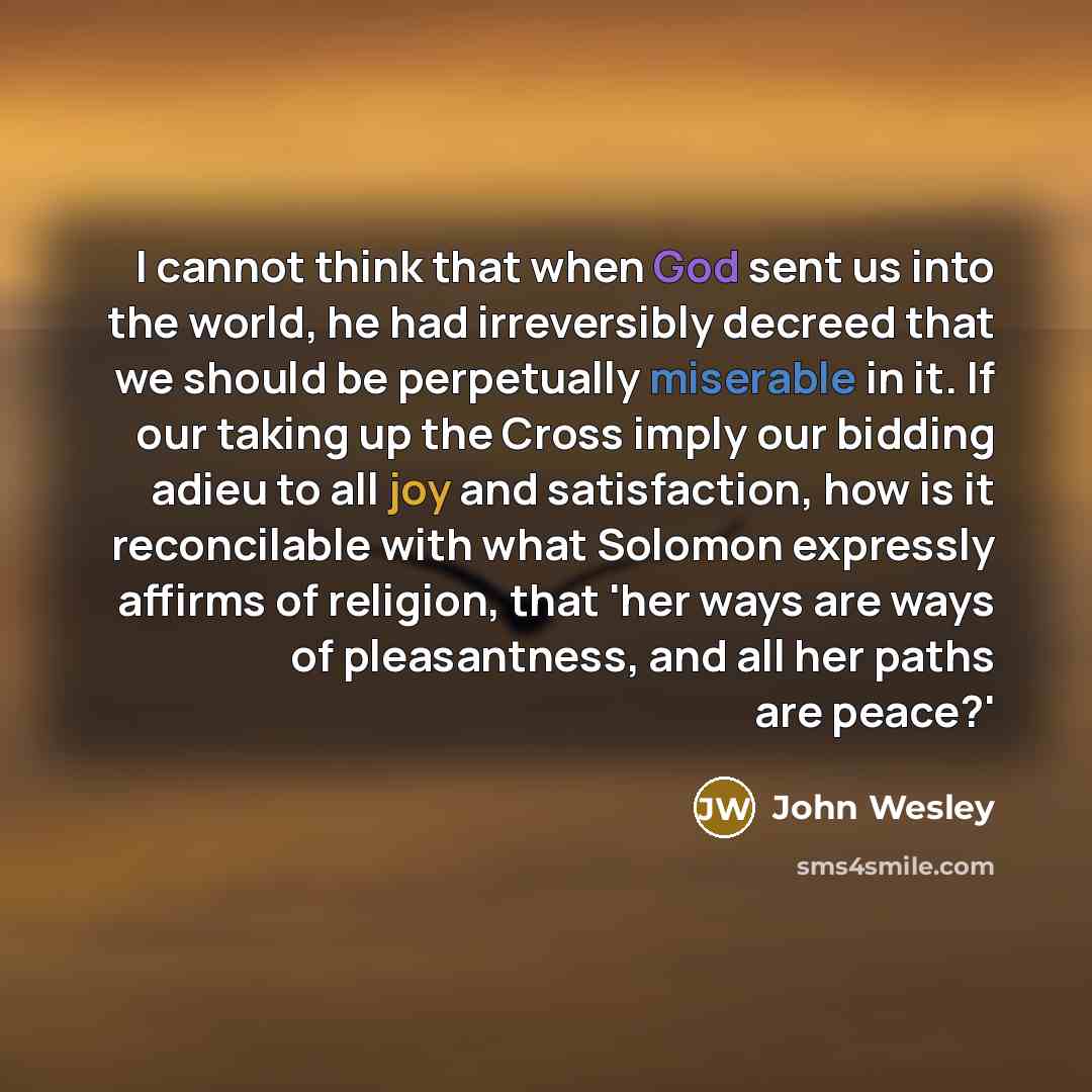 “I cannot think that when God sent us into the world, he had irreversibly decreed that we should be perpetually miserable in it. If our taking up the Cross imply our bidding adieu to all joy and satisfaction, how is it reconcilable with what Solomon expressly affirms of religion, that 'her ways are…” quote by John Wesley