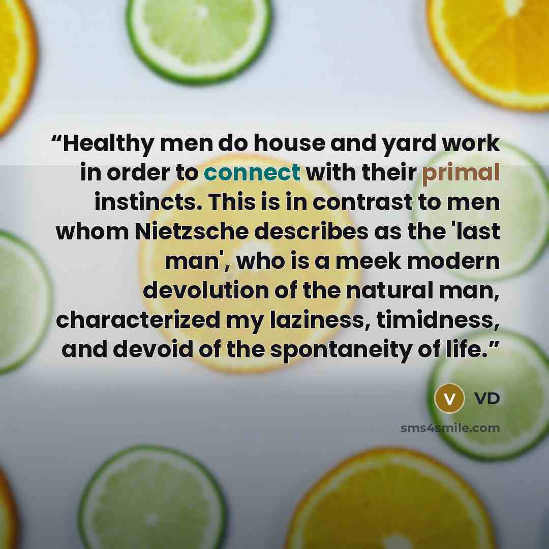 “Healthy men do house and yard work in order to connect with their primal instincts. This is in contrast to men whom Nietzsche describes as the 'last man', who is a meek modern devolution of the natural man, characterized my laziness, timidness, and devoid of the spontaneity of life.” quote by VD
