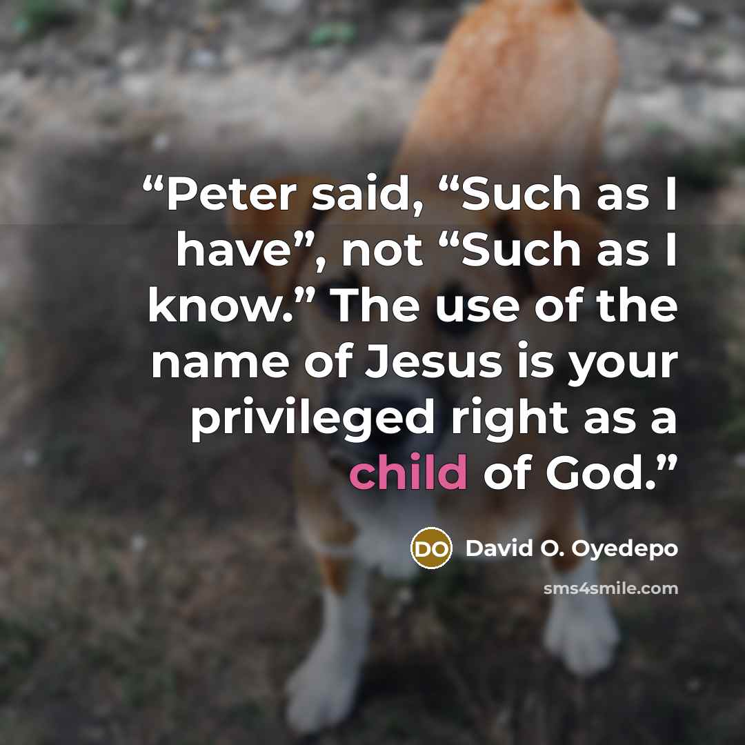 “Peter said, “Such as I have”, not “Such as I know.” The use of the name of Jesus is your privileged right as a child of God.” quote by David O. Oyedepo