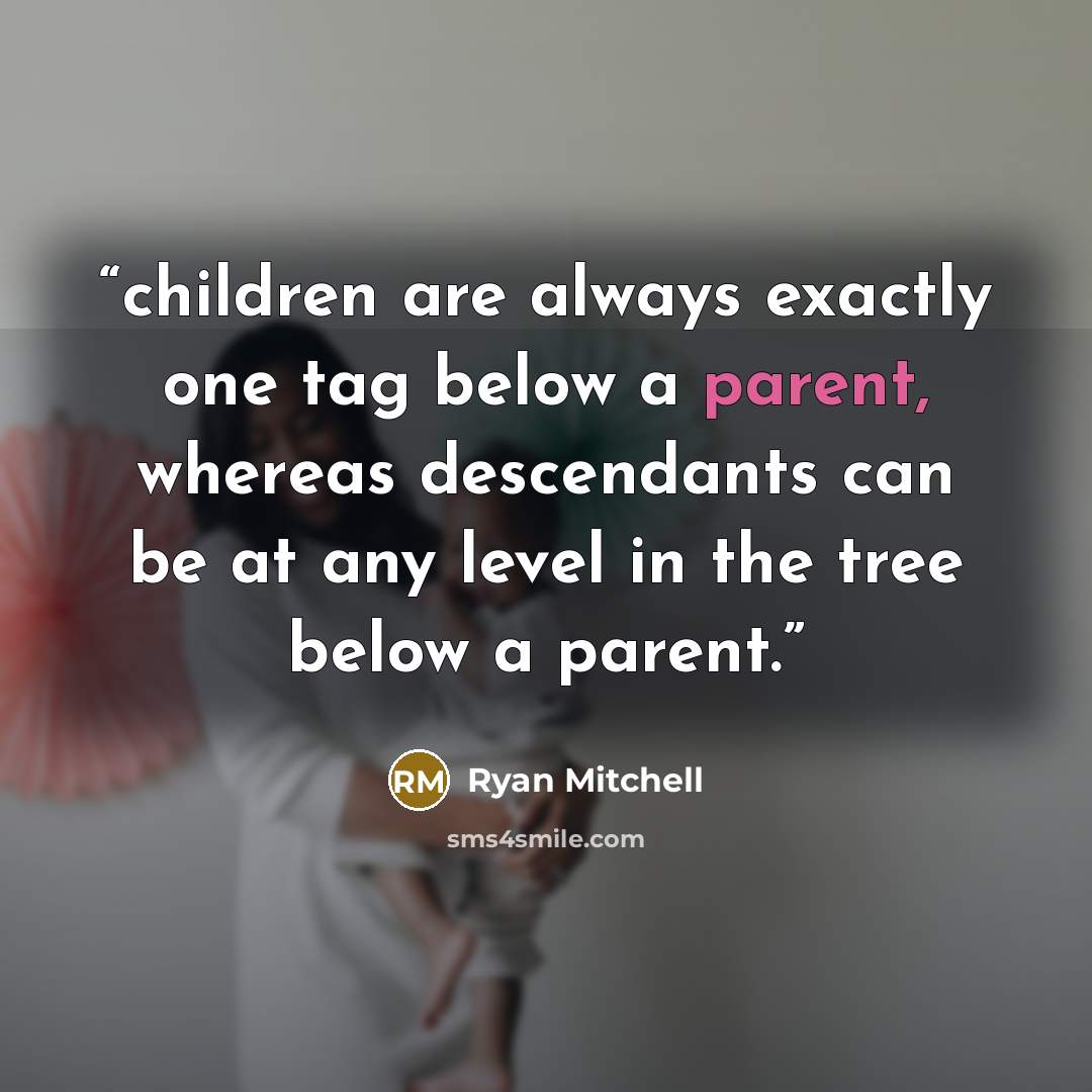 “children are always exactly one tag below a parent, whereas descendants can be at any level in the tree below a parent.” quote by Ryan Mitchell