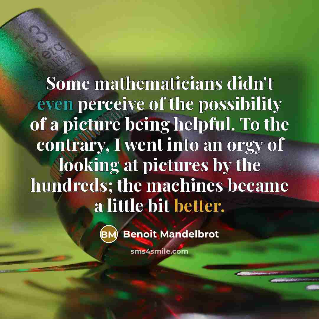 “Some mathematicians didn't even perceive of the possibility of a picture being helpful. To the contrary, I went into an orgy of looking at pictures by the hundreds; the machines became a little bit better.” quote by Benoit Mandelbrot