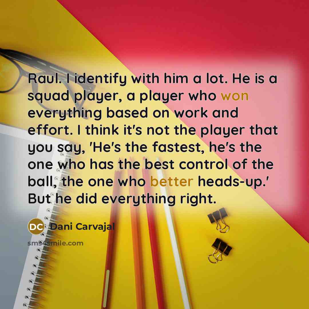 “Raul. I identify with him a lot. He is a squad player, a player who won everything based on work and effort. I think it's not the player that you say, 'He's the fastest, he's the one who has the best control of the ball, the one who better heads-up.' But he did everything right.” quote by Dani Carvajal