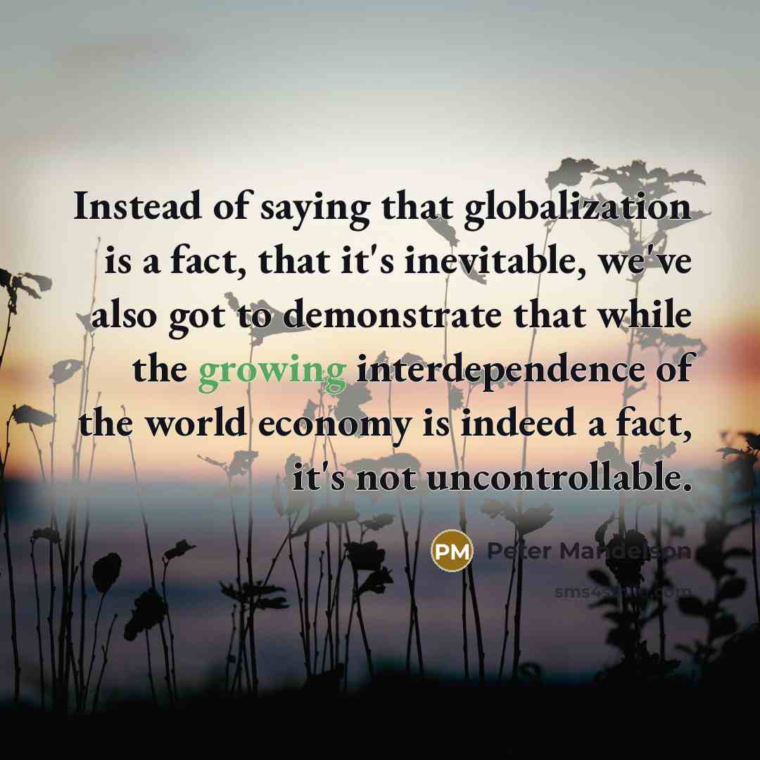 “Instead of saying that globalization is a fact, that it's inevitable, we've also got to demonstrate that while the growing interdependence of the world economy is indeed a fact, it's not uncontrollable.” quote by Peter Mandelson