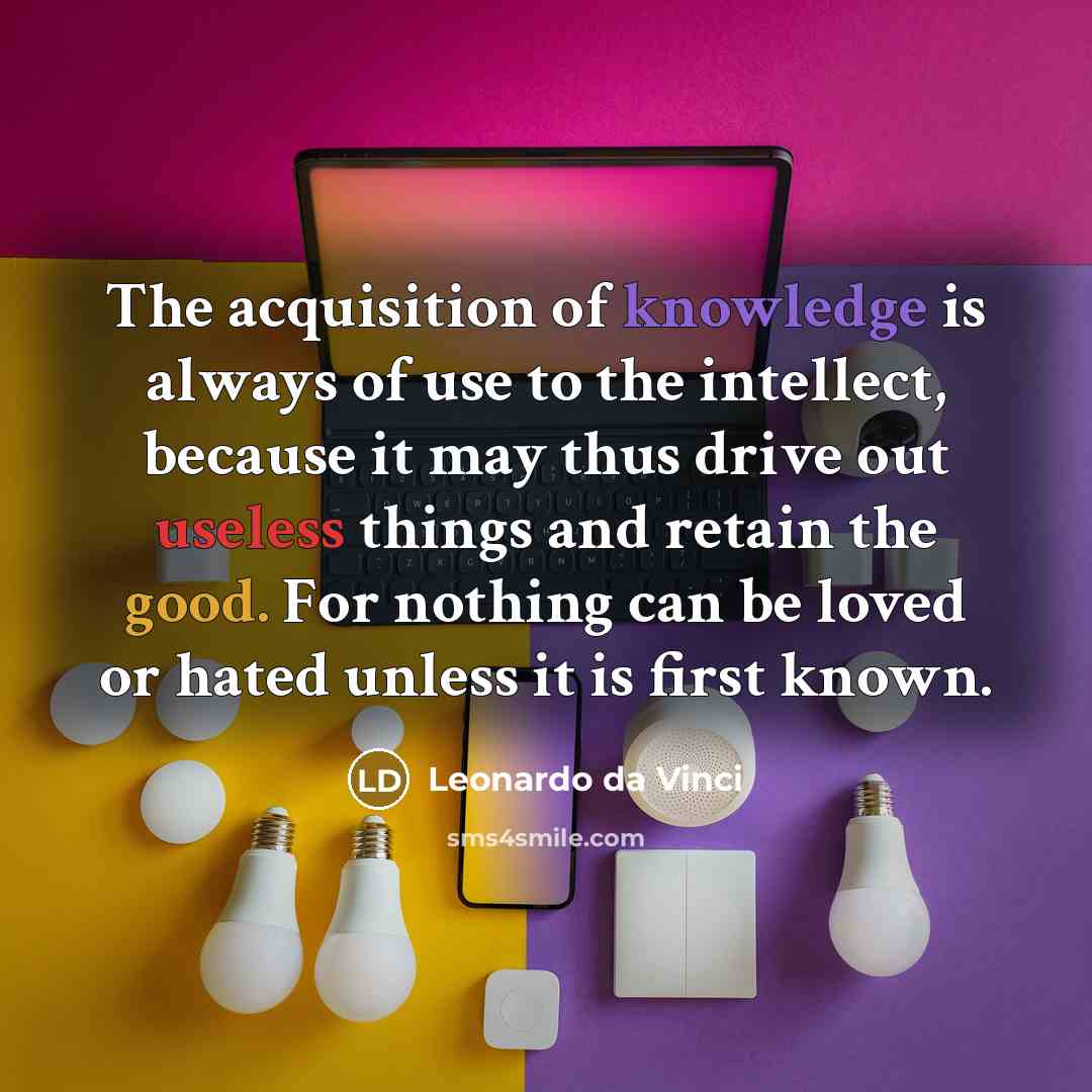 “The acquisition of knowledge is always of use to the intellect, because it may thus drive out useless things and retain the good. For nothing can be loved or hated unless it is first known.” quote by Leonardo da Vinci