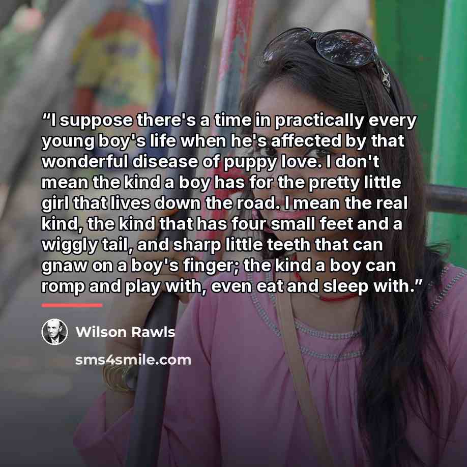 “I suppose there's a time in practically every young boy's life when he's affected by that wonderful disease of puppy love. I don't mean the kind a boy has for the pretty little girl that lives down the road. I mean the real kind, the kind that has four small feet and a wiggly tail, and sharp…” quote by Wilson Rawls