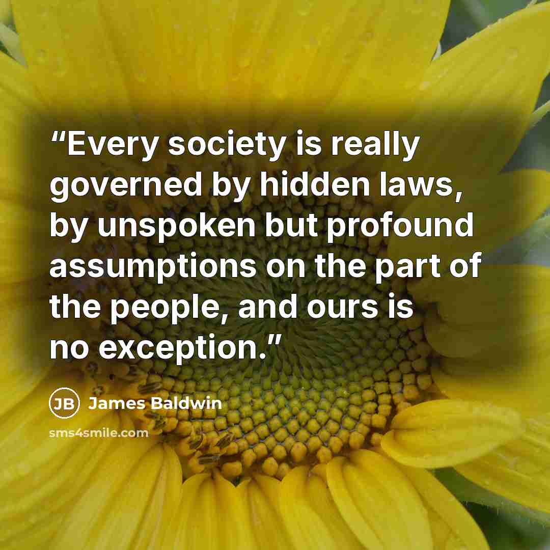 “Every society is really governed by hidden laws, by unspoken but profound assumptions on the part of the people, and ours is no exception.” quote by James Baldwin
