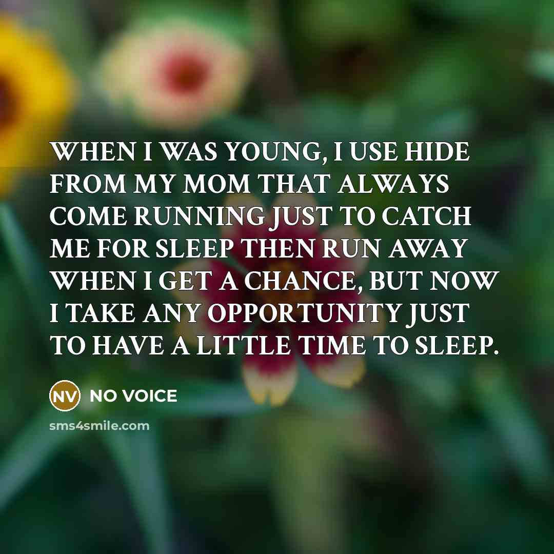 “WHEN I WAS YOUNG, I USE HIDE FROM MY MOM THAT ALWAYS COME RUNNING JUST TO CATCH ME FOR SLEEP THEN RUN AWAY WHEN I GET A CHANCE, BUT NOW I TAKE ANY OPPORTUNITY JUST TO HAVE A LITTLE TIME TO SLEEP.” quote by NO VOICE