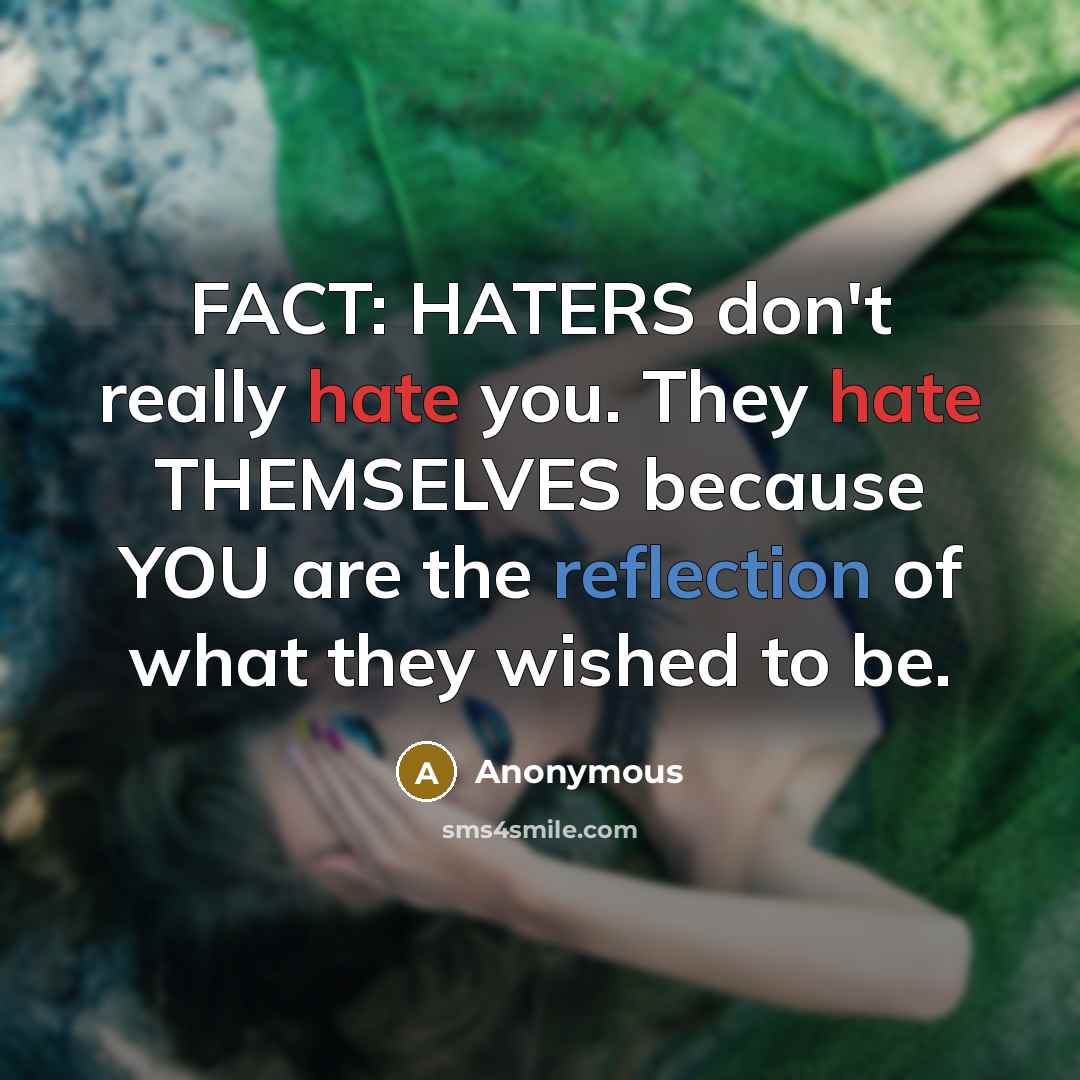 “FACT: HATERS don't really hate you. They hate THEMSELVES because YOU are the reflection of what they wished to be.” quote by Anonymous