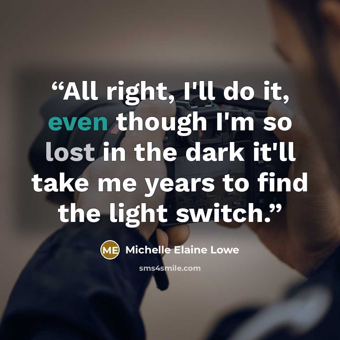“All right, I'll do it, even though I'm so lost in the dark it'll take me years to find the light switch.” quote by Michelle Elaine Lowe