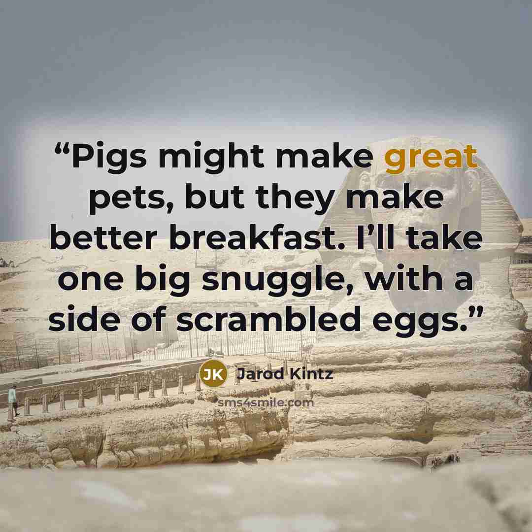 “Pigs might make great pets, but they make better breakfast. I’ll take one big snuggle, with a side of scrambled eggs.” quote by Jarod Kintz