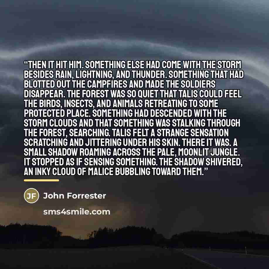 “Then it hit him. Something else had come with the storm besides rain, lightning, and thunder. Something that had blotted out the campfires and made the soldiers disappear. The forest was so quiet that Talis could feel the birds, insects, and animals retreating to some protected place. Something…” quote by John Forrester