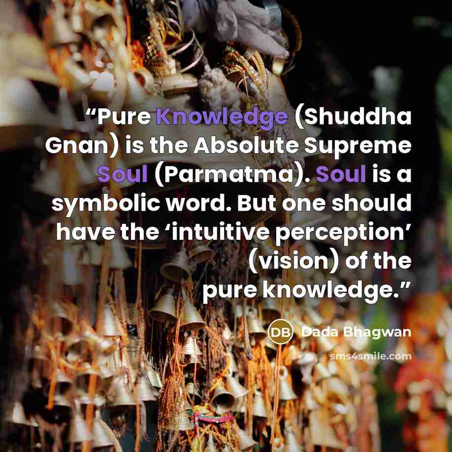 “Pure Knowledge (Shuddha Gnan) is the Absolute Supreme Soul (Parmatma). Soul is a symbolic word. But one should have the ‘intuitive perception’ (vision) of the pure knowledge.” quote by Dada Bhagwan