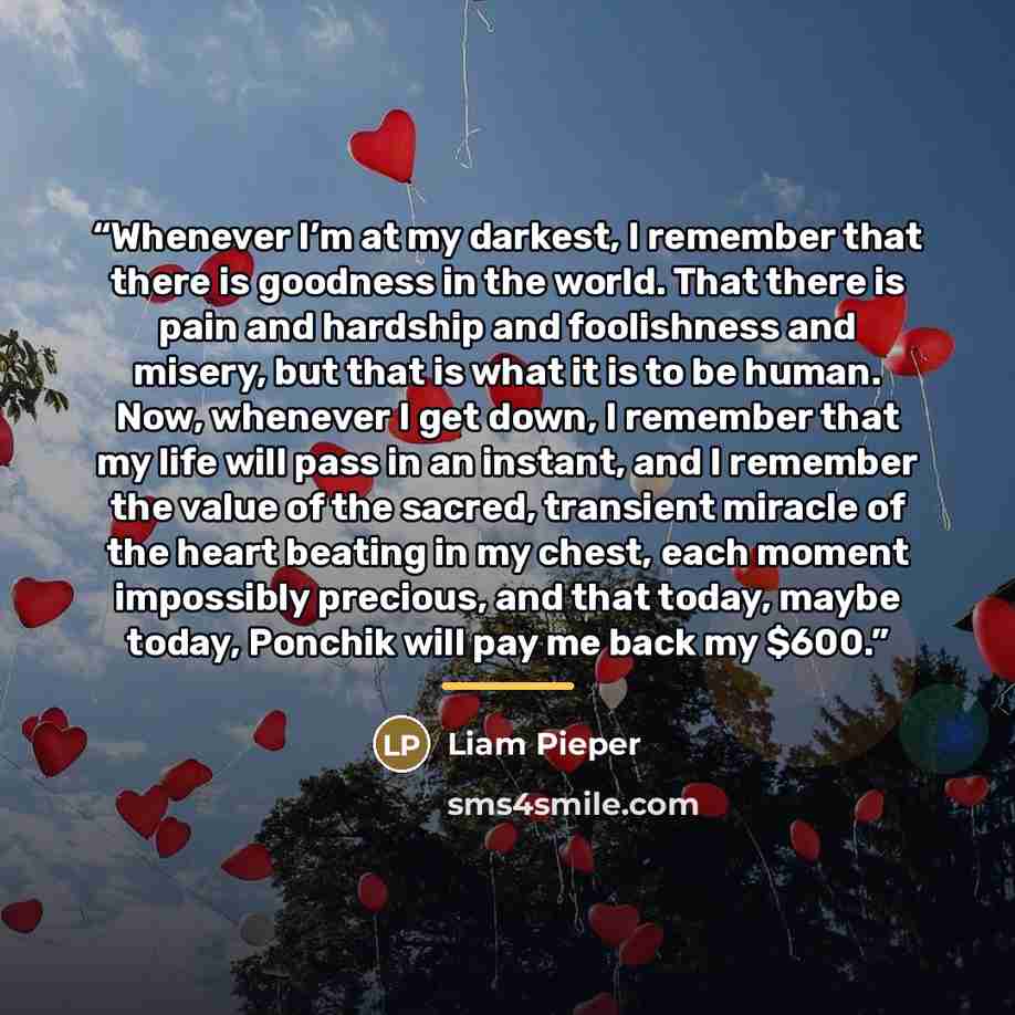 “Whenever I’m at my darkest, I remember that there is goodness in the world. That there is pain and hardship and foolishness and misery, but that is what it is to be human. Now, whenever I get down, I remember that my life will pass in an instant, and I remember the value of the sacred, transient…” quote by Liam Pieper
