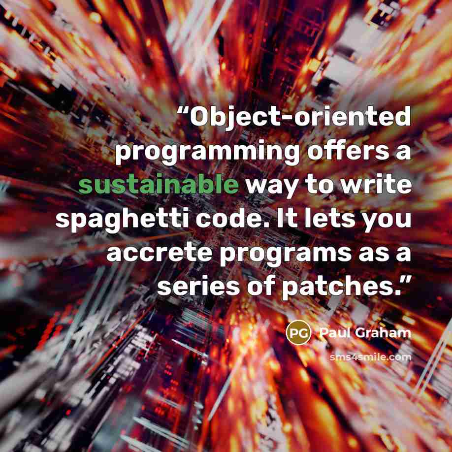 “Object-oriented programming offers a sustainable way to write spaghetti code. It lets you accrete programs as a series of patches.” quote by Paul Graham