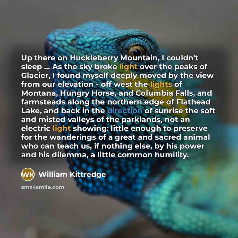 “Up there on Huckleberry Mountain, I couldn't sleep ... As the sky broke light over the peaks of Glacier, I found myself deeply moved by the view from our elevation - off west the lights of Montana, Hungry Horse, and Columbia Falls, and farmsteads along the northern edge of Flathead Lake, and back…” quote by William Kittredge