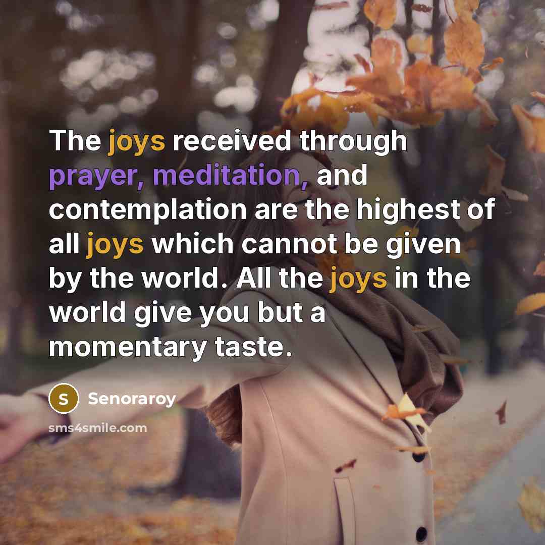 “The joys received through prayer, meditation, and contemplation are the highest of all joys which cannot be given by the world. All the joys in the world give you but a momentary taste.” quote by Senoraroy