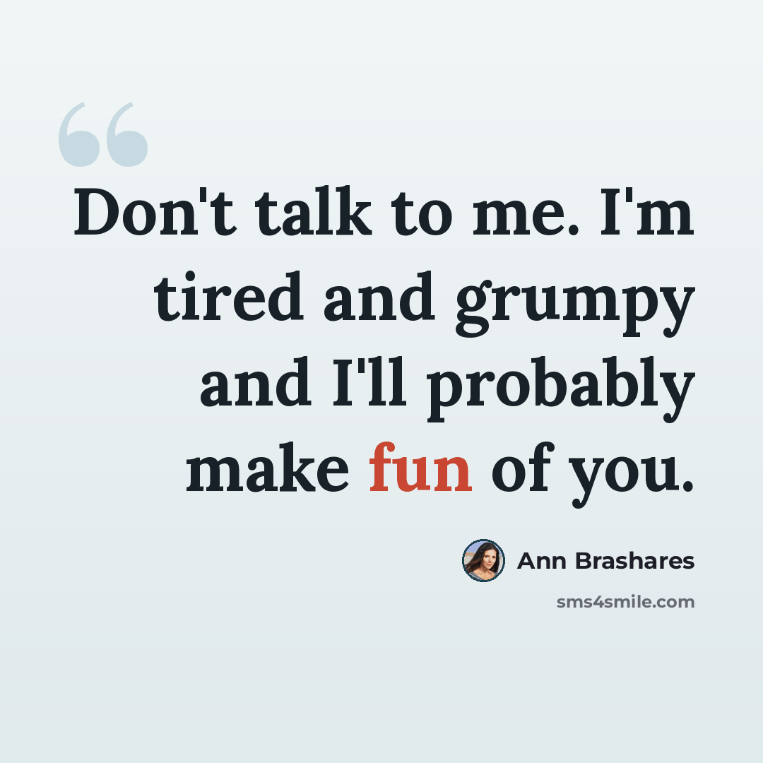 “Don't talk to me. I'm tired and grumpy and I'll probably make fun of you.” quote by Ann Brashares