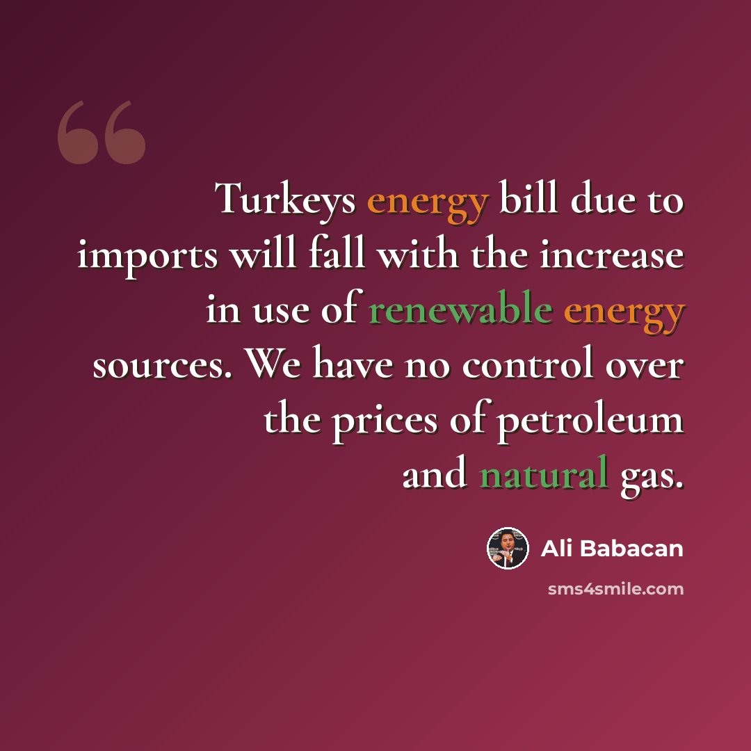 “Turkeys energy bill due to imports will fall with the increase in use of renewable energy sources. We have no control over the prices of petroleum and natural gas.” quote by Ali Babacan