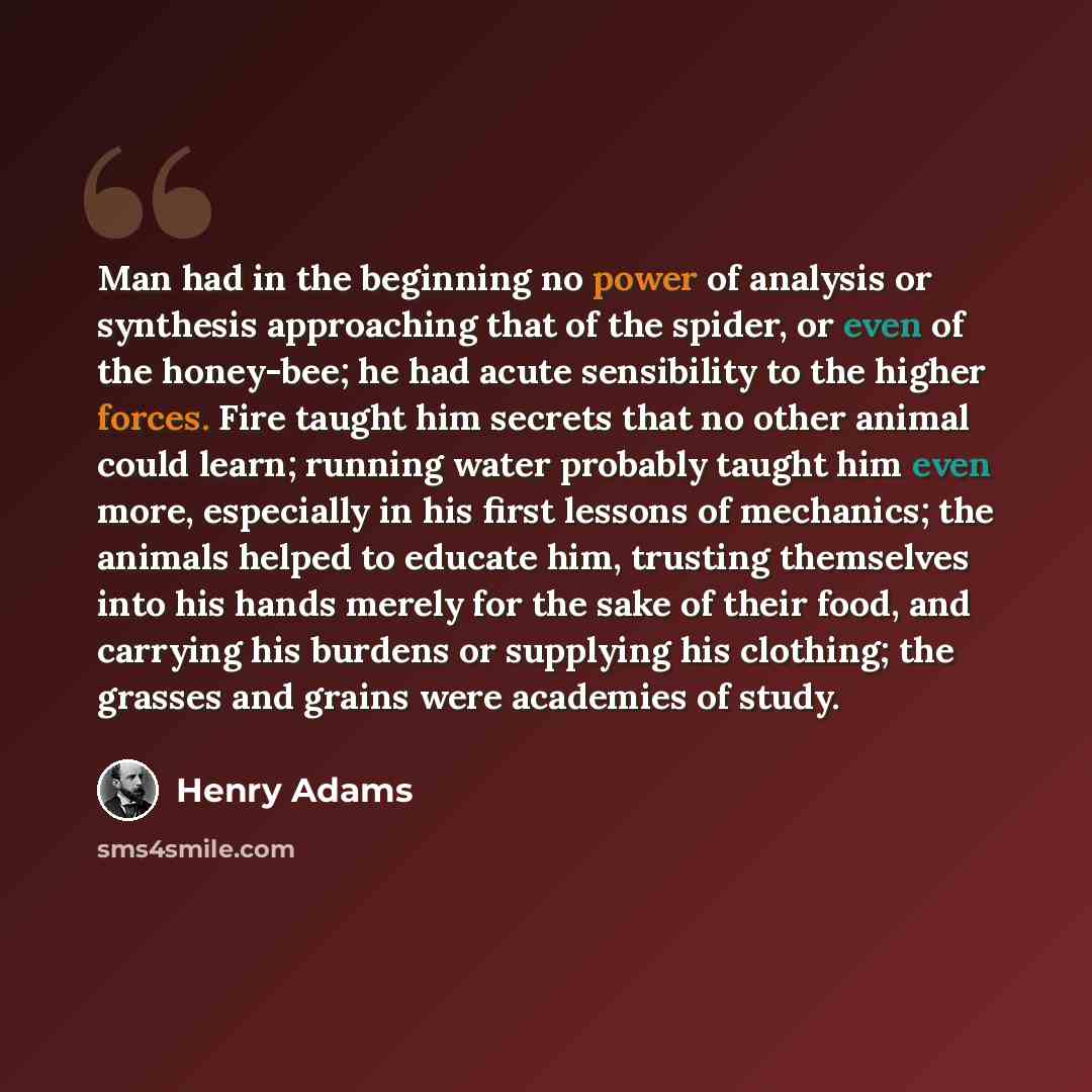 “Man had in the beginning no power of analysis or synthesis approaching that of the spider, or even of the honey-bee; he had acute sensibility to the higher forces. Fire taught him secrets that no other animal could learn; running water probably taught him even more, especially in his first lessons…” quote by Henry Adams