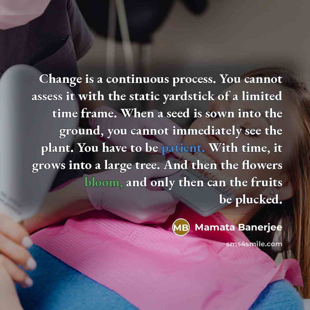 “Change is a continuous process. You cannot assess it with the static yardstick of a limited time frame. When a seed is sown into the ground, you cannot immediately see the plant. You have to be patient. With time, it grows into a large tree. And then the flowers bloom, and only then can the fruits…” quote by Mamata Banerjee