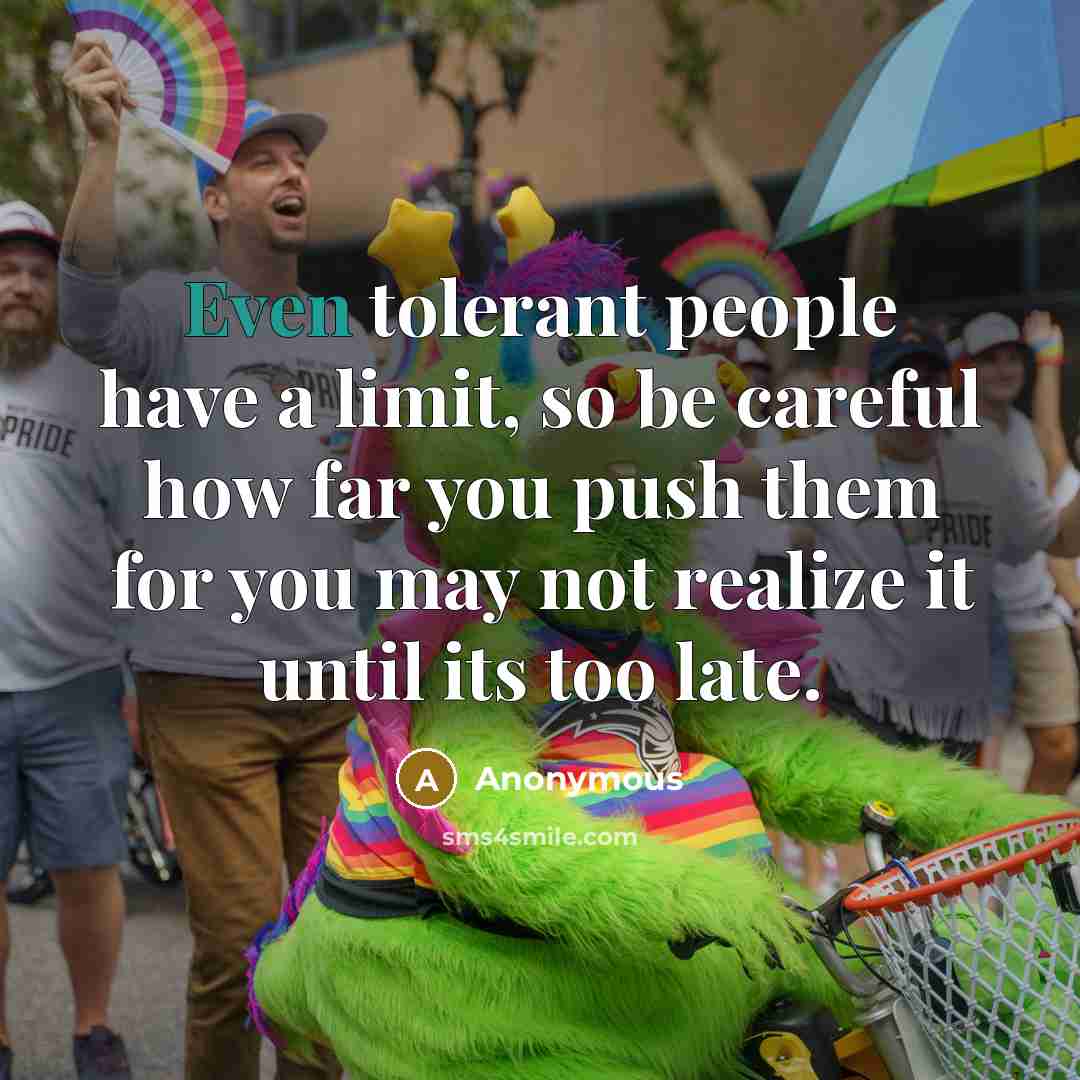 “Even tolerant people have a limit, so be careful how far you push them for you may not realize it until its too late.” quote by Anonymous
