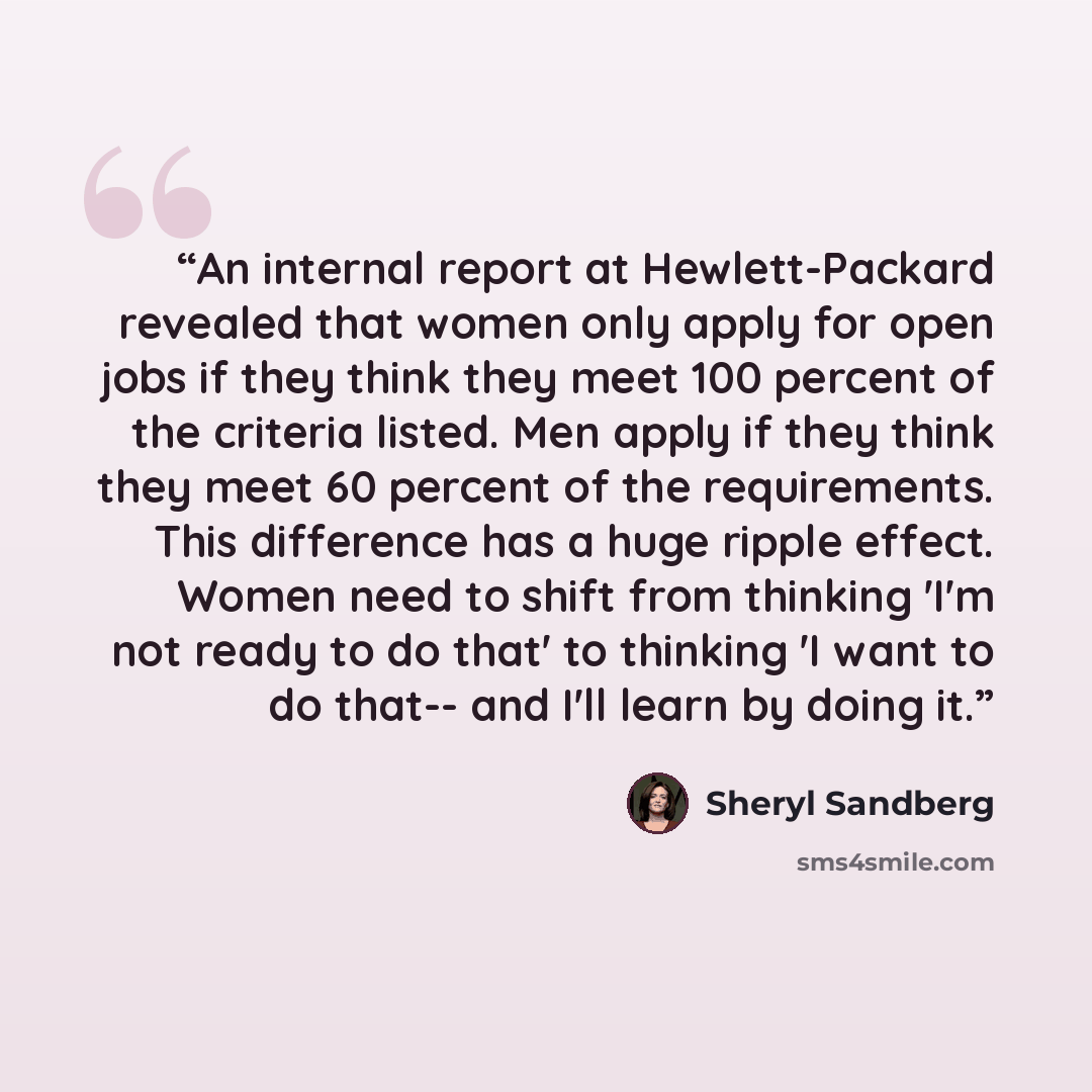 “An internal report at Hewlett-Packard revealed that women only apply for open jobs if they think they meet 100 percent of the criteria listed. Men apply if they think they meet 60 percent of the requirements. This difference has a huge ripple effect. Women need to shift from thinking 'I'm not…” quote by Sheryl Sandberg