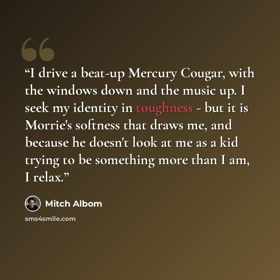 “I drive a beat-up Mercury Cougar, with the windows down and the music up. I seek my identity in toughness - but it is Morrie's softness that draws me, and because he doesn't look at me as a kid trying to be something more than I am, I relax.” quote by Mitch Albom
