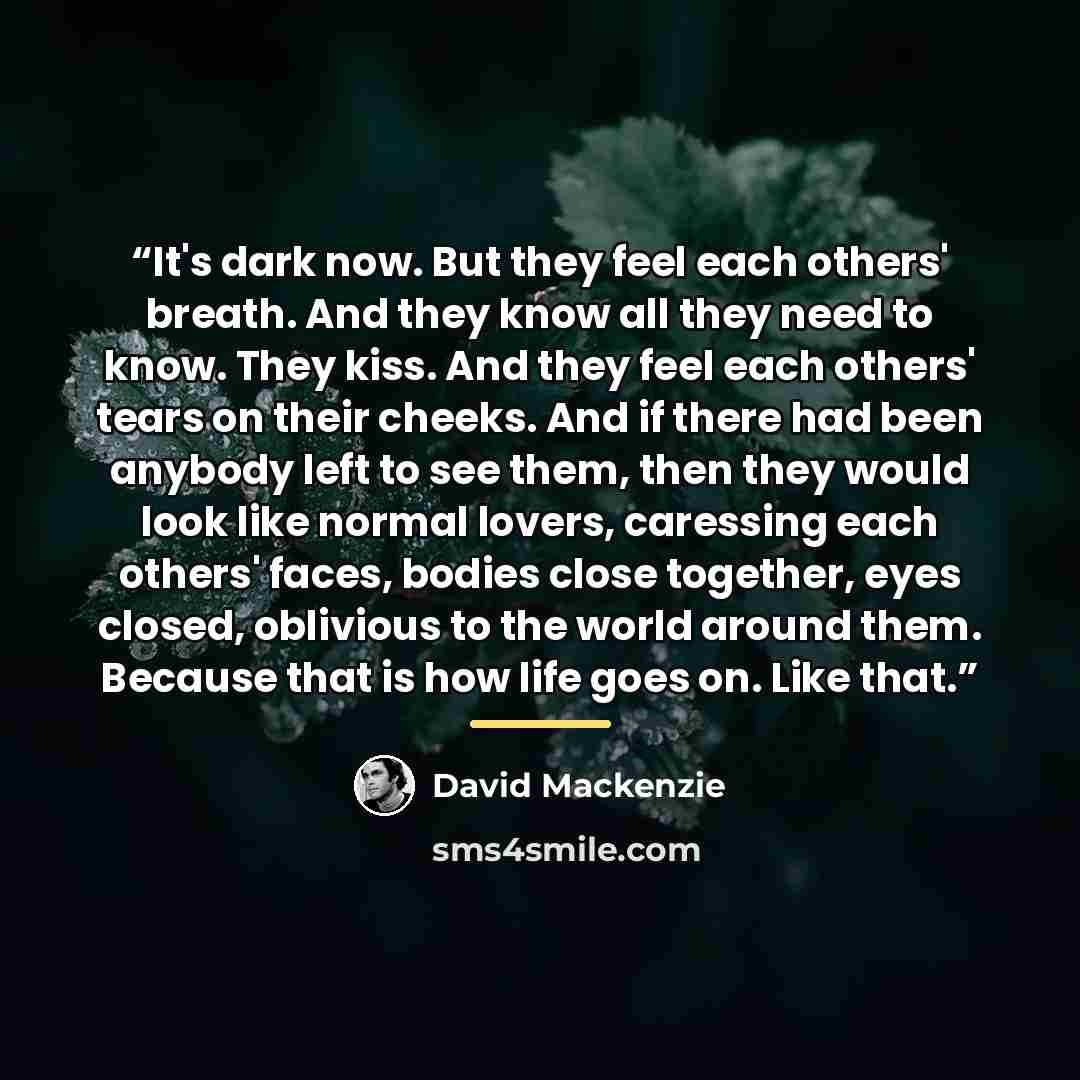 “It's dark now. But they feel each others' breath. And they know all they need to know. They kiss. And they feel each others' tears on their cheeks. And if there had been anybody left to see them, then they would look like normal lovers, caressing each others' faces, bodies close together, eyes…” quote by David MacKenzie